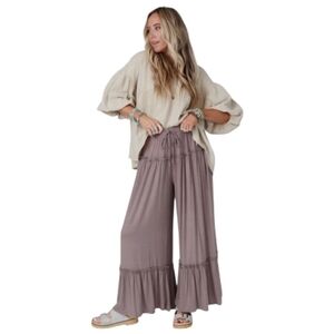 ASVIVID Tiered Ruffle Wide Leg Boho Palazzo Ruffle Trim Lounge Pants Mauve Sz.M